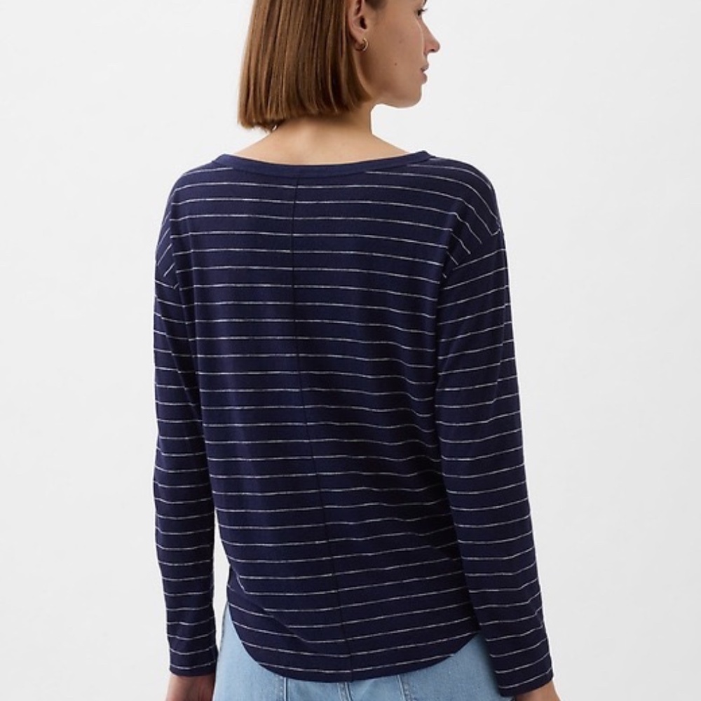 Gap Women's Linen-Blend Long-Sleeve Boatneck T-Shirt / Top, Navy Blue / Grey, S